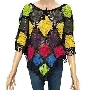 Handmade Granny Square Poncho Small Colorful Pullover Crochet Retro Boho Hippie